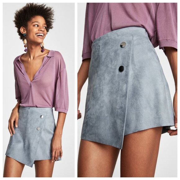 Zara Grey Faux Suede Button Wrap Drape Envelope Skort - Picture 1 of 6